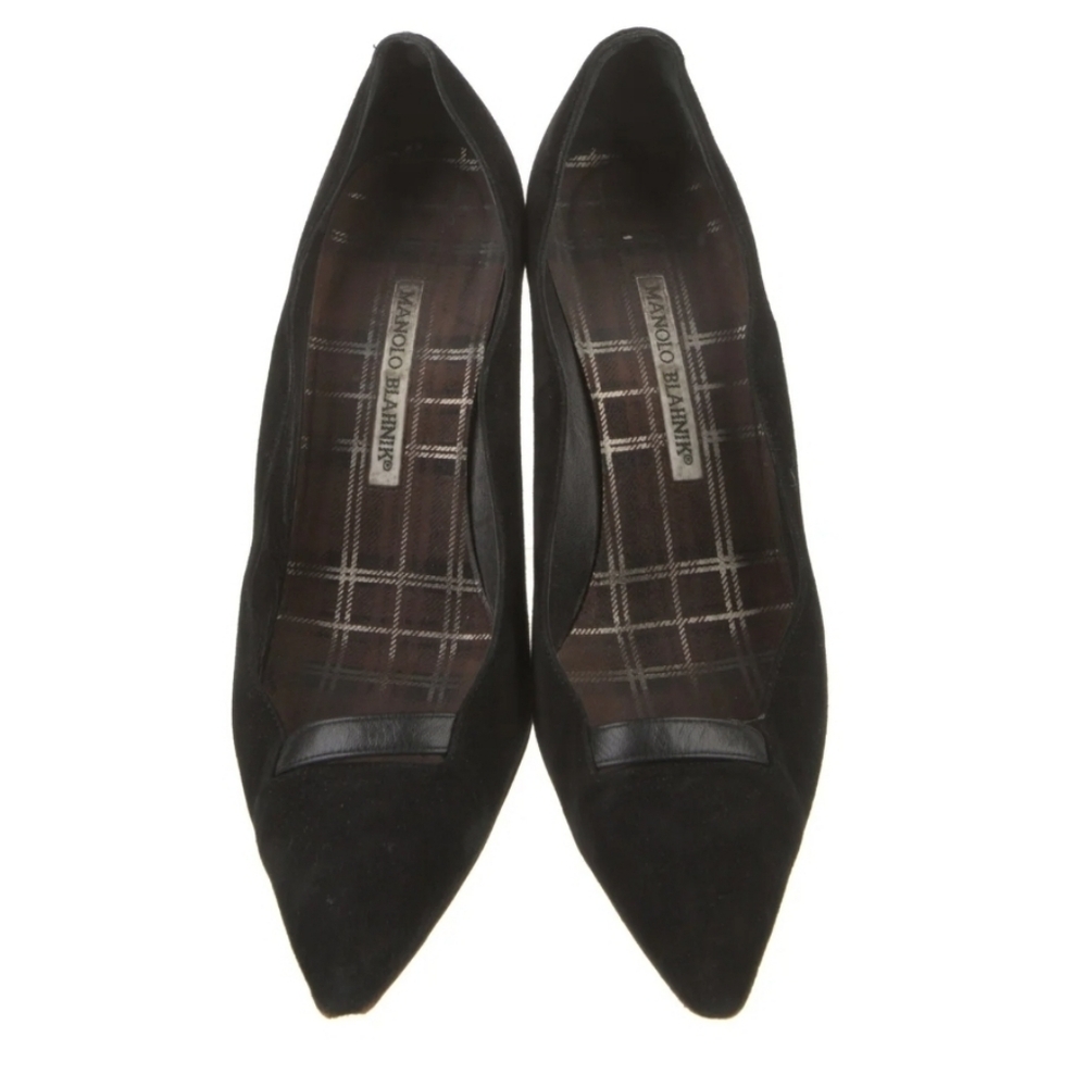 Pre-owned MANOLO BLAHNIK Black Suede Heels W/ Leather Details Size US 9,5B EU 40